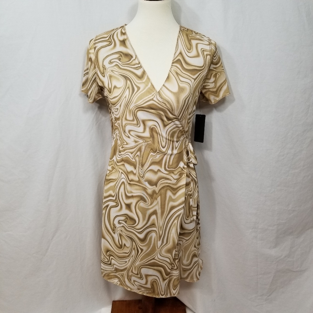 NEW Caution To The Wind Green Marbled Junior's Mesh Short Sleeve Wrap Mini Dress